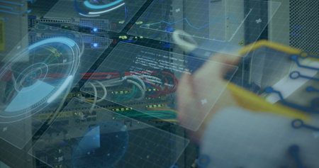 Image of text with globe and network of connections. Global digital interface technology and...