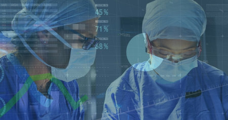 Image of statistical data processing over two female surgeons performing operation at hospital....