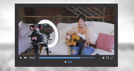 Image of social media screen over caucasian woman making image blog at home. Social media and...