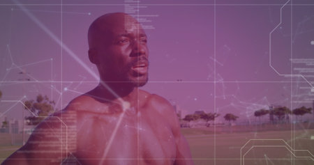 Image of network of connections over african american fit man taking a break from working out. Sports and fitness technology conceptの写真素材