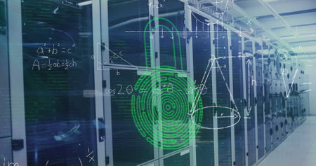 Image of security padlock icon and mathematical equations against computer server room. Cyber...