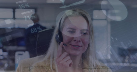 Image of mathematical formulas over business woman using phone headsets. Logistics and...