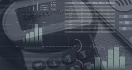 Image of data processing over payment terminal. Global business, finances, digital interface and...