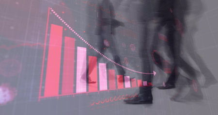 Covid-19 statistical data processing against time-lapse of group of people walking. Covid-19 coronavirus pandemic conceptの写真素材