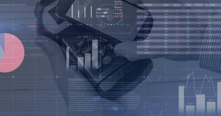 Image of graphs over smartphone and payment terminal. Wireless payments, finance, trade and...