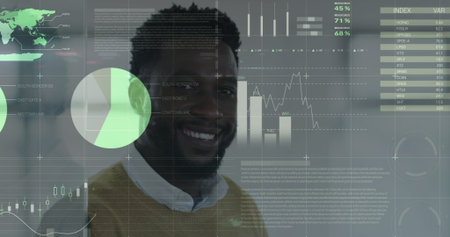Statistical data processing over portrait of african american man smiling at office. Business data...