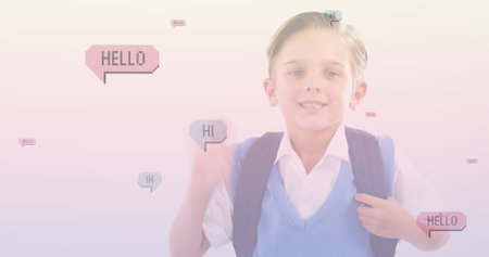 Image of falling hi text in speech bubble over happy caucasian boy. children day concept digitally generated image.の写真素材