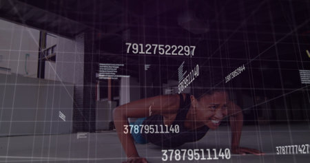 Image of changing numbers over african american fit woman preforming push up exercise. Sports and...