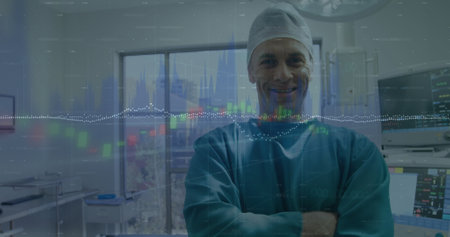 Image of statistical data processing over portrait of caucasian male surgeon smiling at hospital. Medical healthcare and technology conceptの写真素材