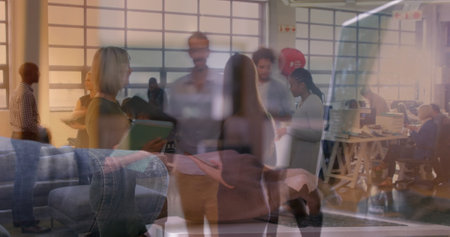 Image of person over caucasian group of business people. global business, success, connections and data processing concept digitally generated image.の写真素材