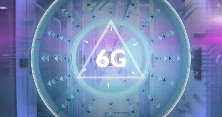 Image of scope scanning with data processing over server room. Global technology, computing and digital interface concept digitally generated image.の写真素材