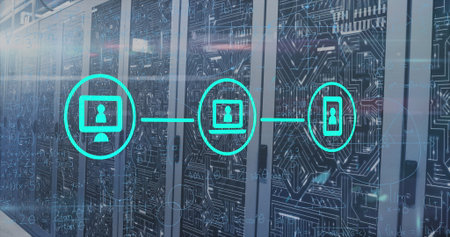 Image of network of digital icons against microprocessor connections over computer server room....
