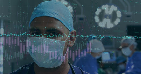 Image of medical data processing over female caucasian surgeon in operating portrait of in numbers. Global covid pandemic and healthcare services concept digitally generated image.の写真素材