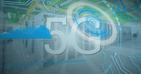 Image of scope scanning with 5g text and data processing over server room. Global technology,...