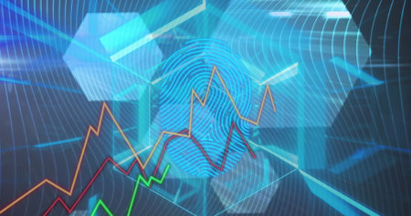 Image of data processing over shapes on black background. Global technology, computing and digital...