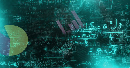 Image of mathematical equations, data processing and statistics. Global business, finance, computing and data processing concept digitally generated image.の写真素材