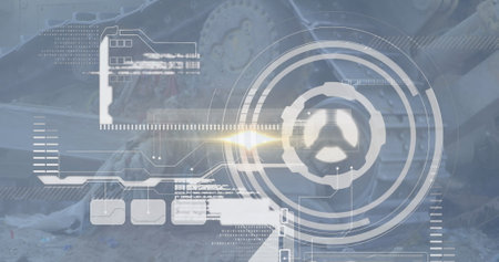 Image of data processing and statistics over buldozer in wasteland. Global sustainability, ecology and waste management concept digitally generated image.の写真素材