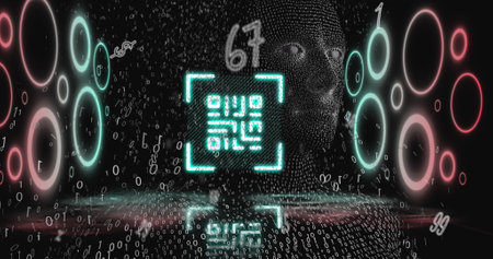 Digital image of glowing qr code against rows of using laptop qr code on black background. Global technology connections and data processing concept digitally generated image.の写真素材