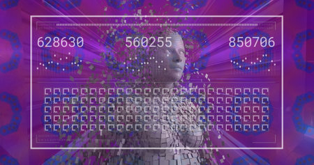 Image of data processing and digital human over shapes on purple background. Global technology, computing and digital interface concept digitally generated image.の写真素材