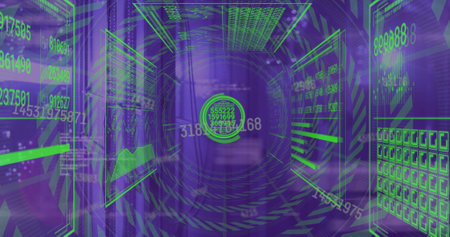 Image of data processing with qr code over server room. Global technology, computing and digital interface concept digitally generated image.の写真素材