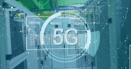 Image of scope scanning with 5g text and data processing over server room. Global technology,...
