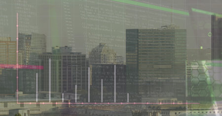 Image of financial data processing over cityscape. Global business, finances and digital interface...