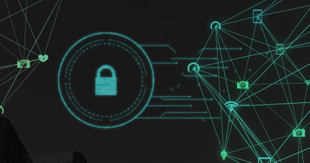 Image of globe of digital icons spinning over security padlock icon against black background. Cyber...