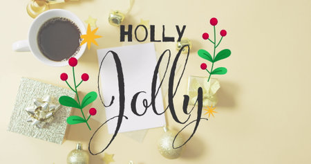 A card reading Holly Jolly surrounded by Christmas decorations. Coffee cup, gift box, and ornaments sharing festive cheer on light backgroundの写真素材