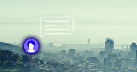 Image of social media icon and speech bubble over cityscape. Global social media networks, digital...