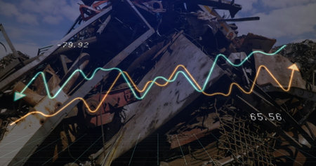 Image of financial data processing and statistics over machinery in wasteland. Global business,...