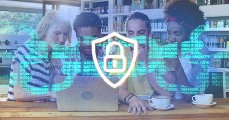 Image of padlock in shield, numbers in blockchain over diverse friends looking in laptop. Digital...