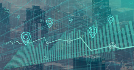 Image of statistics and data processing over cityscape. Global business, digital interface,...