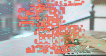 Image of online security qr code over woman using laptop. Global online security, business, finance, computing and data processing concept digitally generated image.の写真素材