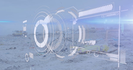 Image of loading circle with bar graph and lens flare over low angle view of dumping ground. Digital composite, multiple exposure, landfill, report, finance, business, waste and pollution.の写真素材