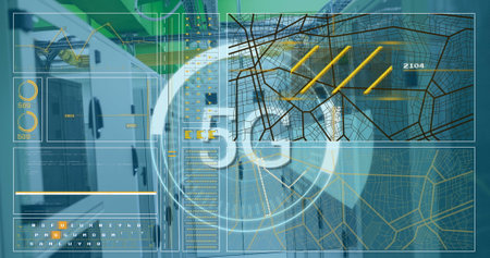 Image of scope scanning with 5g text and data processing over server room. Global technology,...