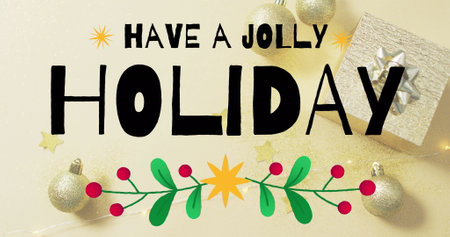 Golden stars and baubles surround bold text wishing jolly holiday. A silver gift box adds a festive touch to cheerful messageの写真素材