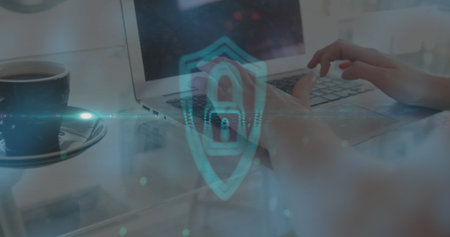 Image of online security padlock over woman using laptop. Global online security, business, finance,...