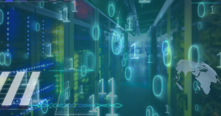 Image of data processing and binary coding against computer server room. Computer interface and...