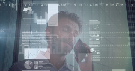 Image of financial data processing over man using smartphone. Global business, finances, computing...