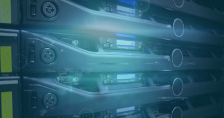Image of network of connections and data processing against close up of a computer server. Computer...