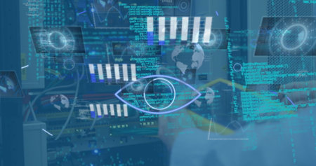 Image of abstract shapes and data processing over mid section of engineer working at server room....