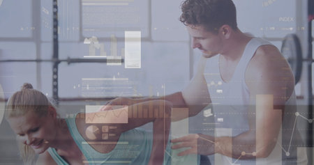 Composite of financial data processing over woman exercising. Global sports, exercise, data processing and computing concept digitally generated image.の写真素材