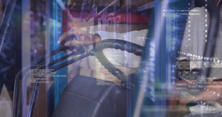 Image of data processing over african american male worker in warehouse. Global business and digital interface concept digitally generated image.の写真素材