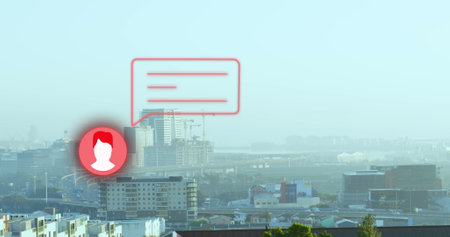 Image of social media icon and speech bubble over cityscape. Global social media networks, digital...