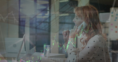 Image of financial data processing over woman using phone. Global business, finances, computing and...