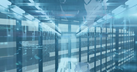 Image of data processing against light trails and mosaic squares against computer server room....