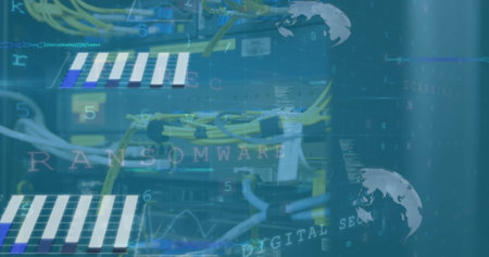 Image of statistical and cyber security data processing against close up of computer server....