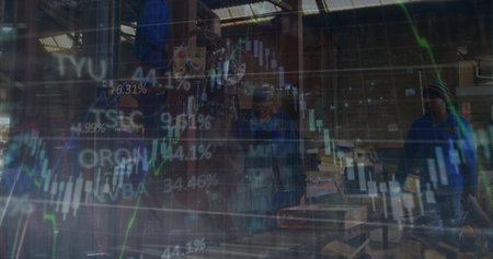 Image of financial data processing and statistics over diverse men working in factory. Global business, finances, computing and data processing concept digitally generated image.の写真素材