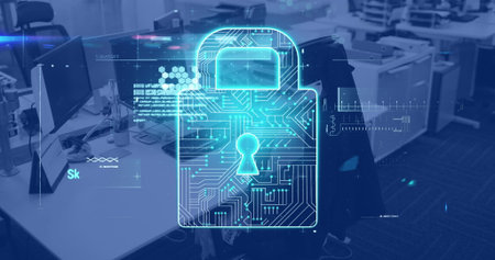 Image of padlock and data processing over modern office. Global business, finances, computing,...