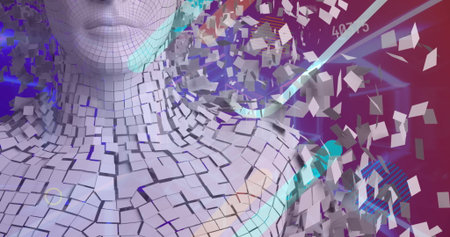Image of data processing and digital human over shapes on purple background. Global technology,...